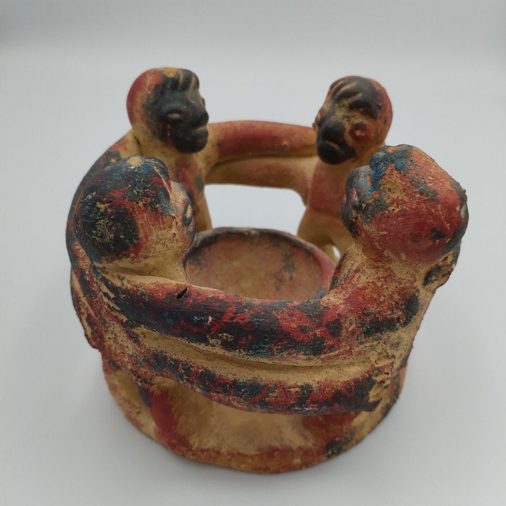 Pottery People Friends Holding Arms Circle Candle Holder Votive Tea Light Tribal